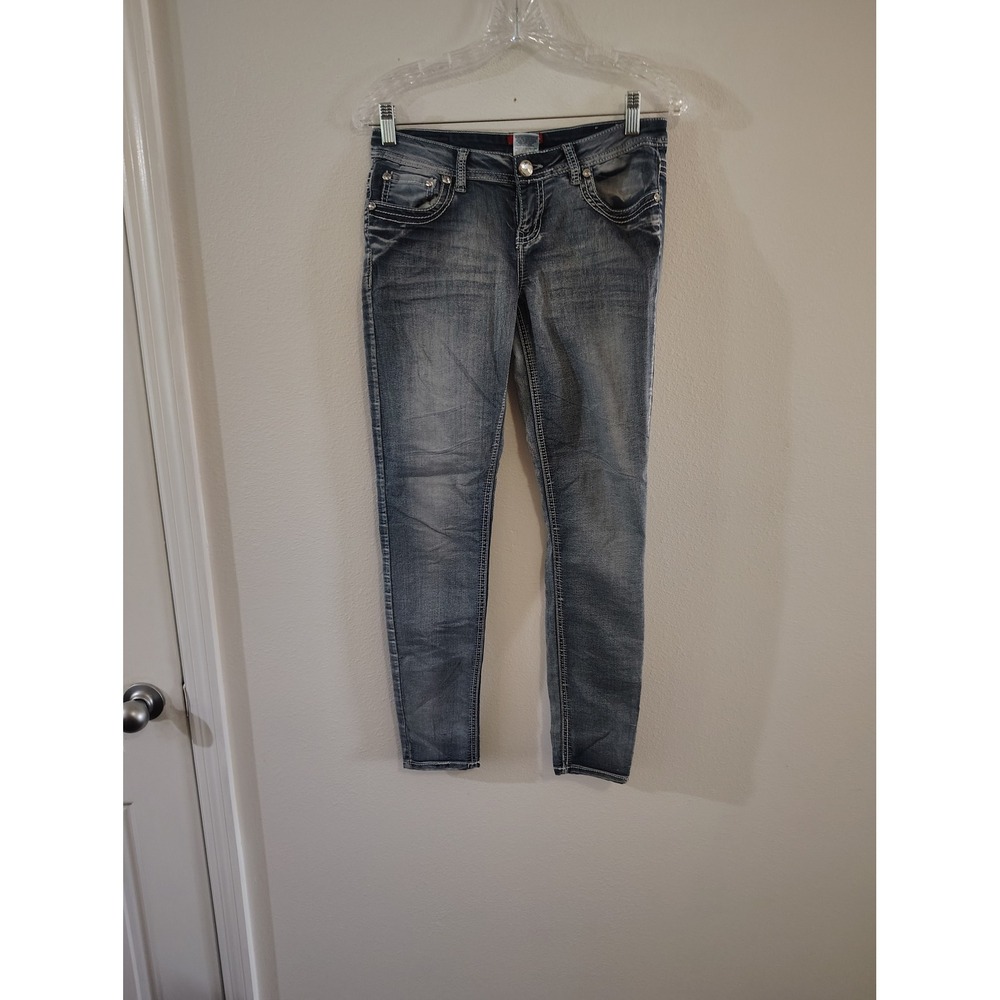 Bongo Skinny Jeans Womens 7 Medium Wash Rhinestone‎ Embellished Y2K Denim